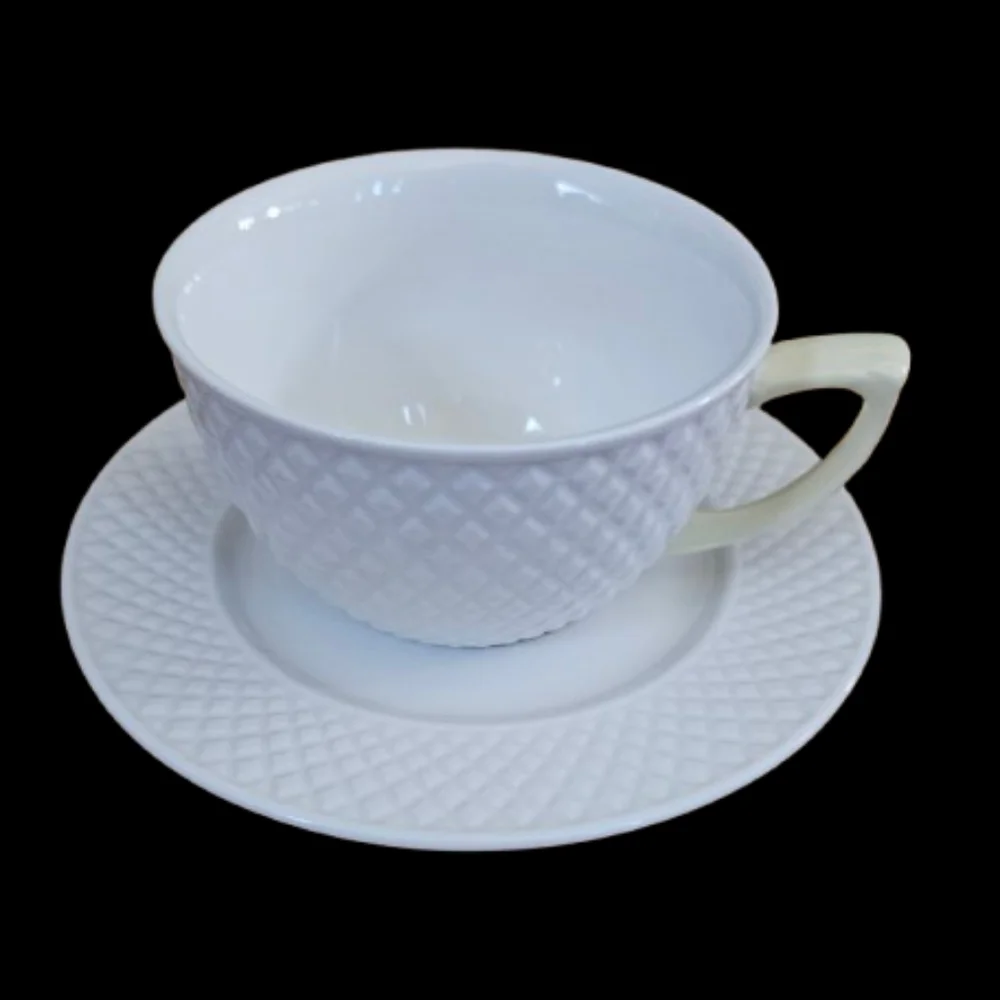 Solecasa Coffee/Tea & Saucer w/White Diamond Pattern & Yellow Handles Set of 3
